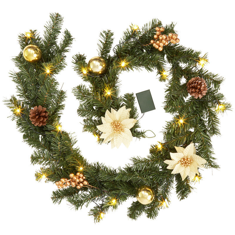 Artificial Christmas Garland with 20 LED Lights,  Xmas Flower Lighted Wreath