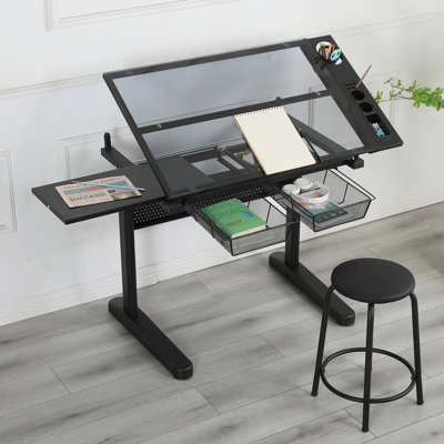 Bureau à dessin à manivelle réglable avec 2 tiroirs en métal