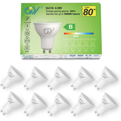 GY GU10 LED Bulb 4.9W 790lm 4000K Energy Saving LED Bulb,The New UK Energy Efficiency Class B Replaces 80W, 110°Beam Angle Non-Dimmable, 10 Pack