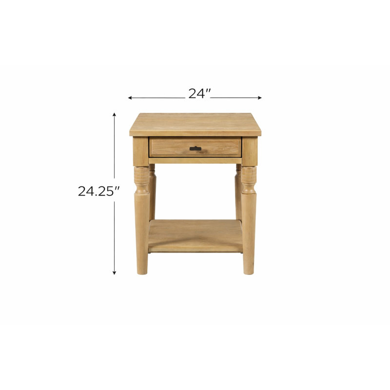 Table d'appoint Cashew avec placage et finition, un tiroir, caisson entièrement fini, pieds tournés classiques, tablette inférieure ouverte pour rangement supplémentaire, bois massif beige, profondeur 61 cm, largeur 66 cm, hauteur 61 cm, poids 21 kg