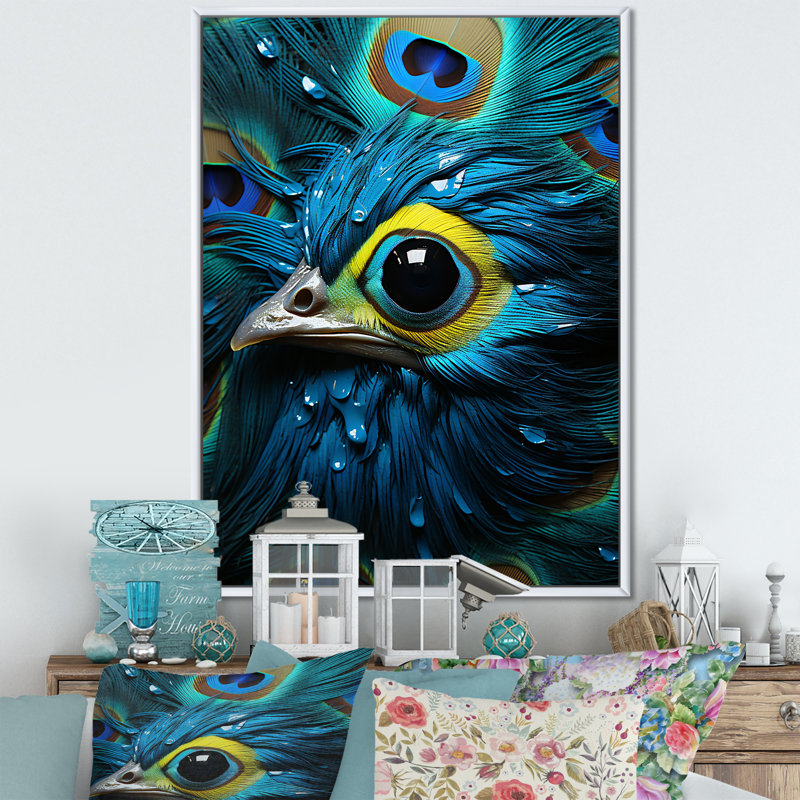 «Peacocks Royal Plumage I», reproduction sur toile, Cadre flottant blanc, H 44 po x l 34 po x P 1,5 po