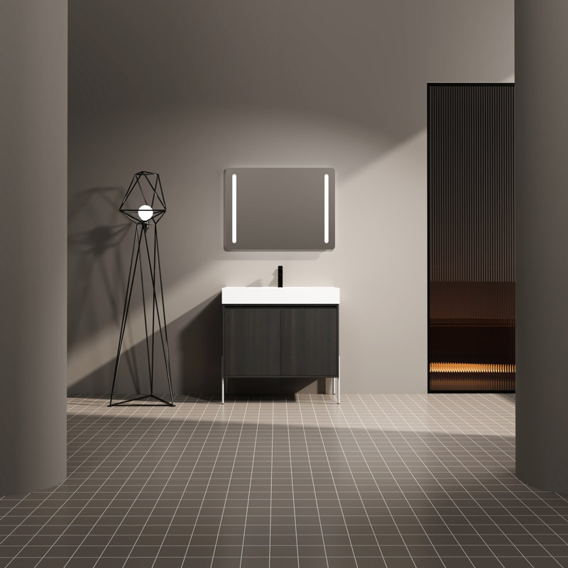 Meuble-lavabo moderne avec lavabo en résine et chêne foncé