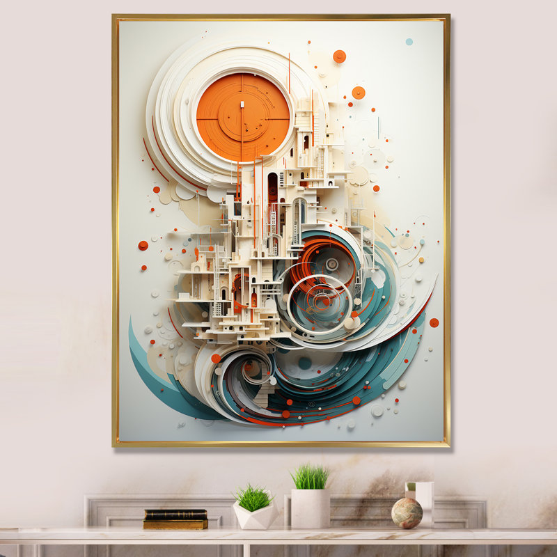 «Orange and White Spiraling Symmetry II», art mural géométrique, Cadre flottant doré, 32" H x 24" W