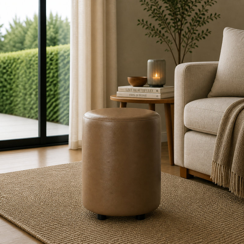Faux Leather Round Stool Seating , Truffle Light Brown