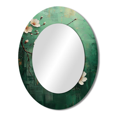 Cherry Blossom In Green And White Tones - Large Oval Wall Mirror On Metal