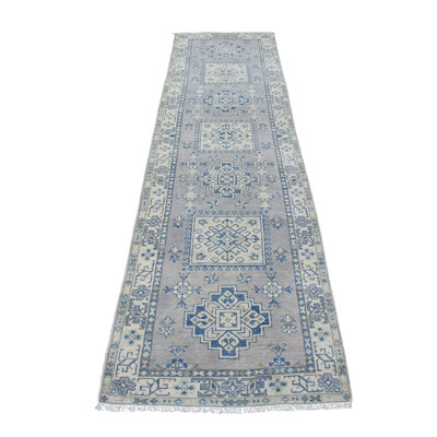 Tapis de tapis décoratif couloir gris de conception unique 2 pi 6 po x 9 pi 7 po noué à la main new age kazak