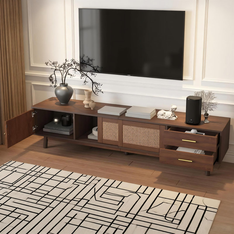 Mid-Century TV Stand For 80 Inch Tvs  Entertainment Center With Sliding Doors & Storage Drawers