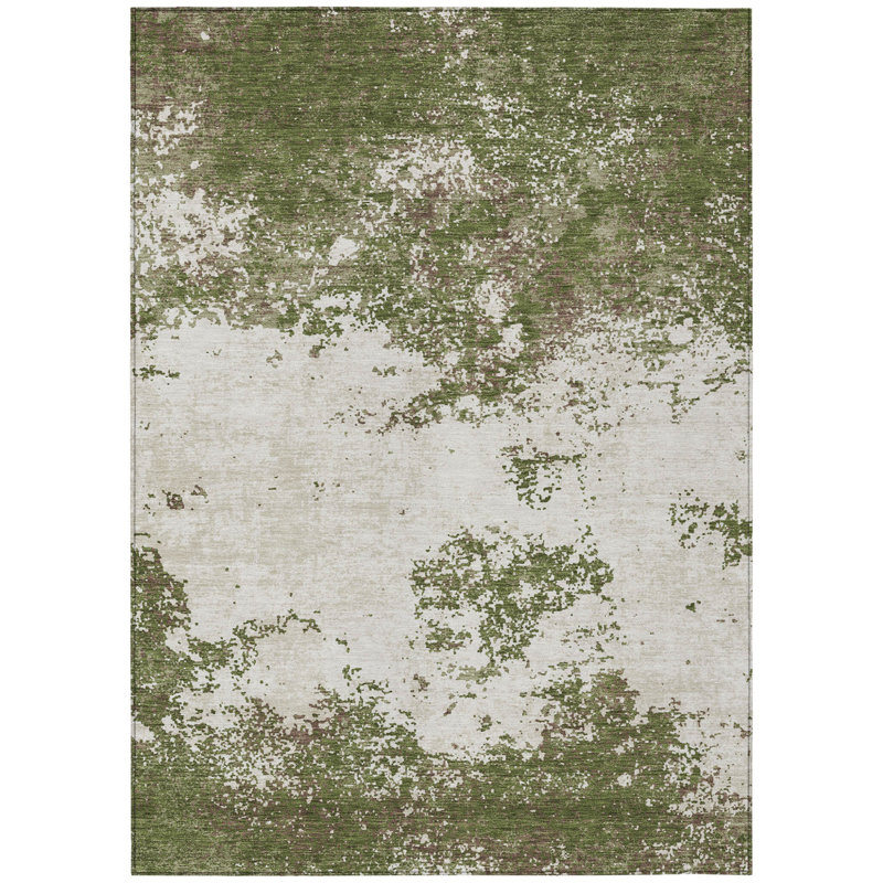Tapis extérieur lavable abstrait vert olive et ivoire 5 pi x 8 pi