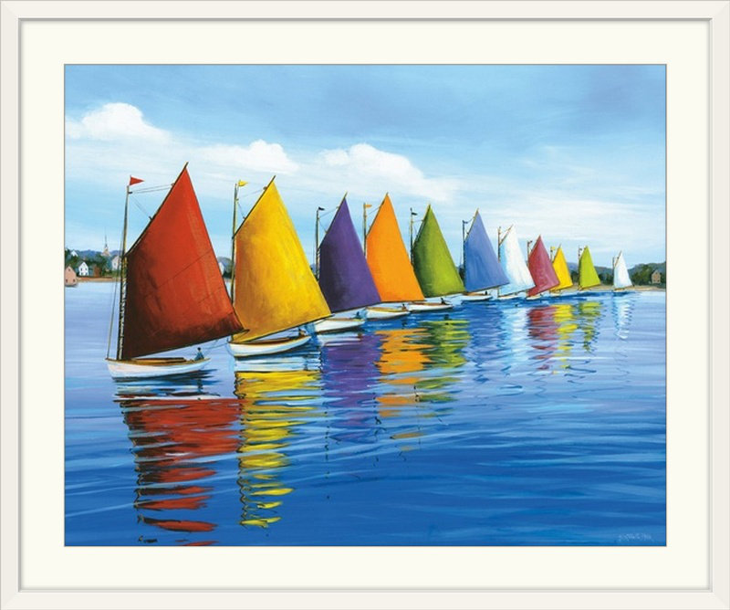 Sally Caldwell Fisher " Rainbow Cats " by Sally Caldwell Fisher, White Frame, 24" H x 28" W x 1" D