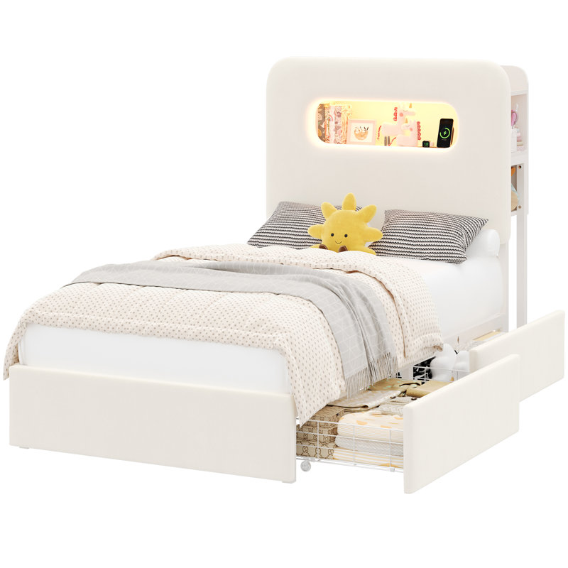Structure de lit tapissier, lit de rangement avec DEL et station de charge, Simple, Blanc
