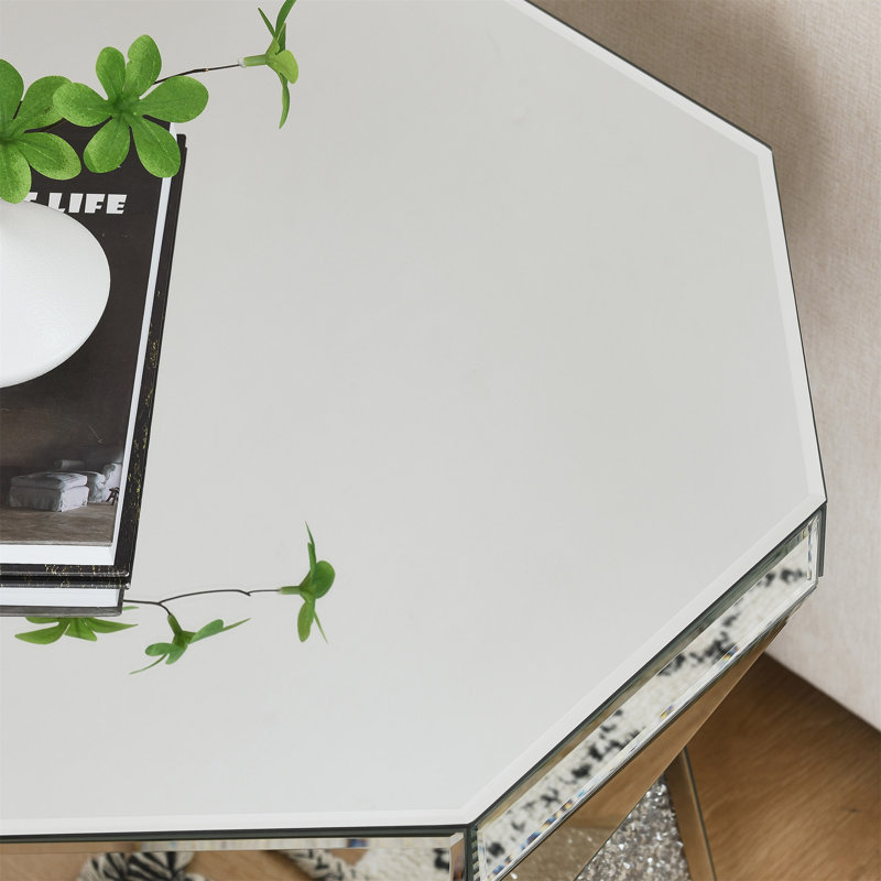 Drum Style Coffee Table With Mirror Crystal Inlay, Polygonal Silver Decorative Table