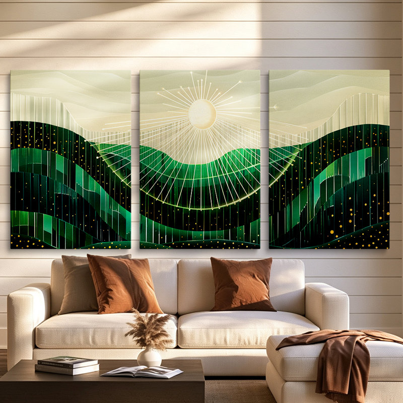 Ensemble de 3 toiles abstraites modernes représentant un soleil et une montagne verte - Décoration de salon