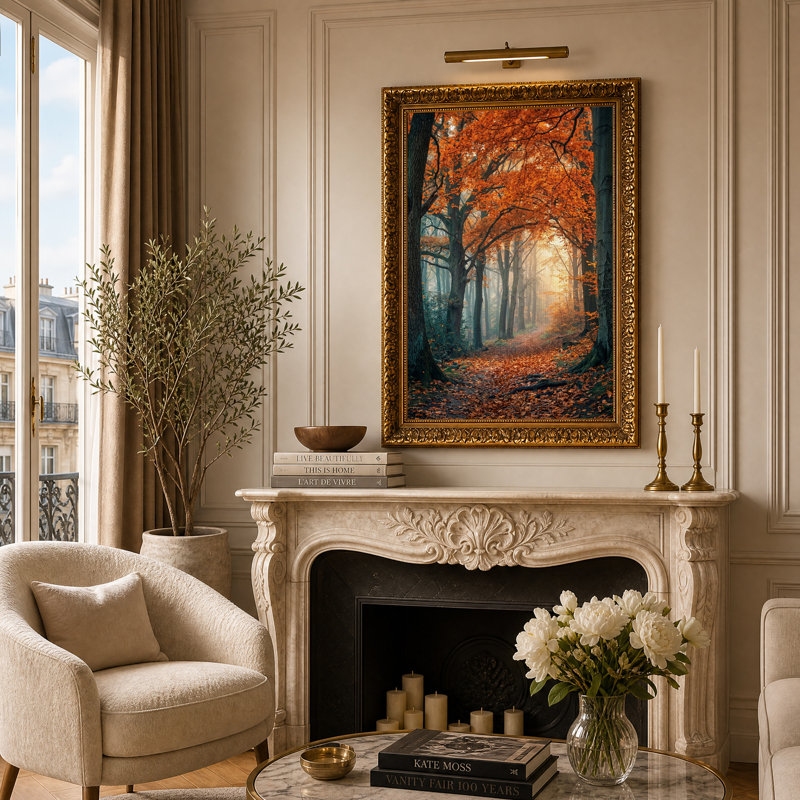 Sentier forestier d'automne ensoleillé avec des feuilles oranges, tableau sur toile, H 24 po x l 16 po