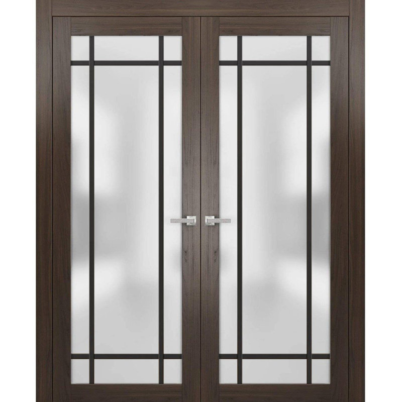 Portes françaises doubles solides | Verre givré Planum 2112 | Garnitures de cadre en bois massif | Portes robustes de chambre à coucher pour garde-robe