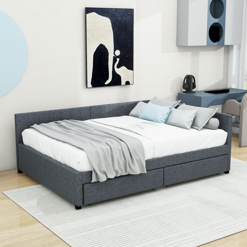 Full Upholstered Sofa Daybed with Drawers, Gray