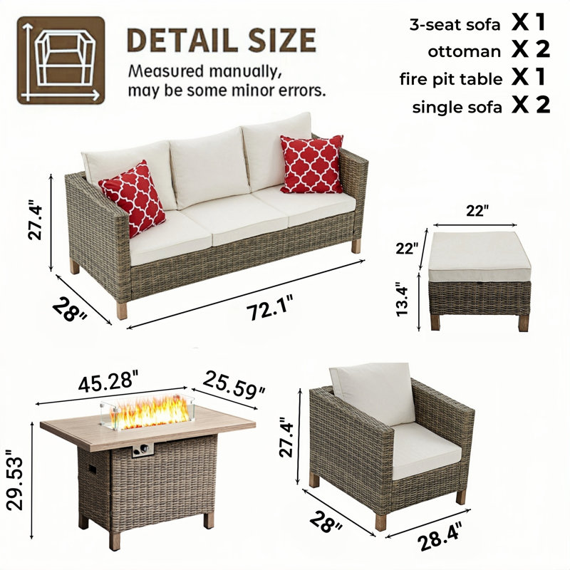 6-piece Outdoor Wicker Patio Conversation Furniture Set With Fire Pit Table, Beige