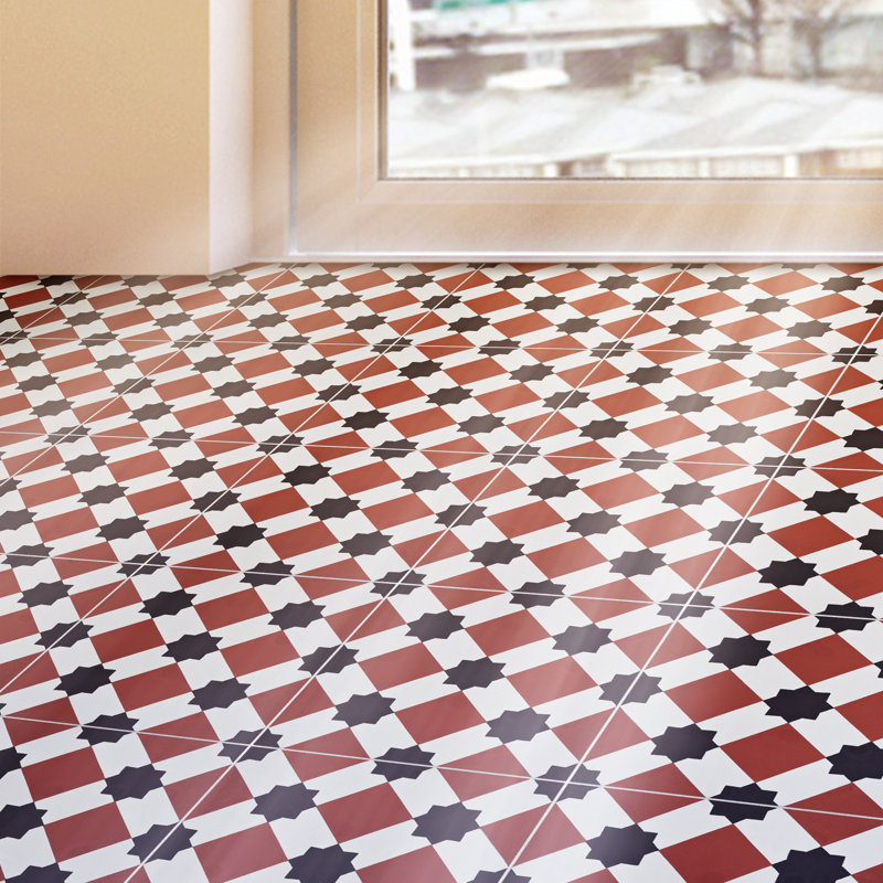 Ait Baha 8" x 8" Cement Patterned Wall & Floor Tile, Red/Black