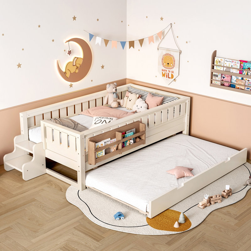 Lit simple au sol avec étagères intégrées, Beige, Twin