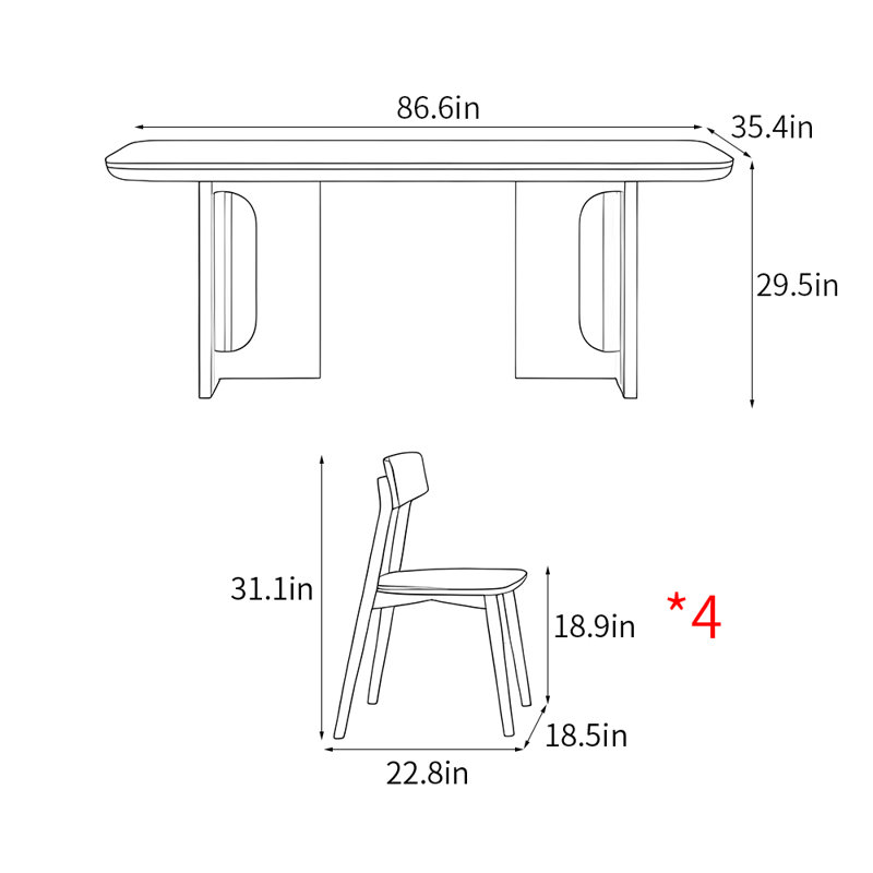 Casual simple rectangular dining table set, 29.5"H x 86.6"L x 35.4"W