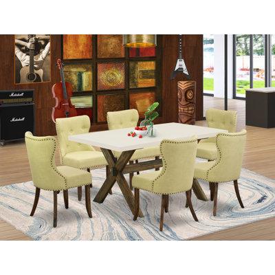 7 Piece Dining Set Consist of a Rectangle Dining Room Table with X-Legs and 6 Limelight Linen Fabric Upholstered Parson Chairs, distressed Jacobean finish