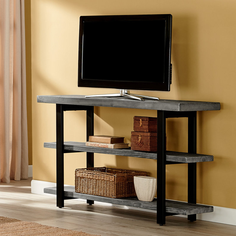 Rundell 48" Wide Rustic Industrial Solid Wood And Metal Frame Media Console Table With 2 Shelves, Slate Gray