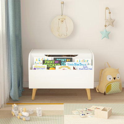 Wooden Toy Box, Toy Storage Organizer with Front Bookshelf, Flip-Top Lid, Safety Hinge, Toy Chest Bench for Playroom Kids Room Organization