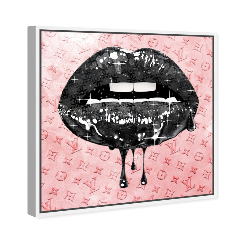 Fashion and Glam Noir and Blush Lips - impression d'art graphique, H 30 po x l 30 po x 1,5 po, Toile blanche encadrée