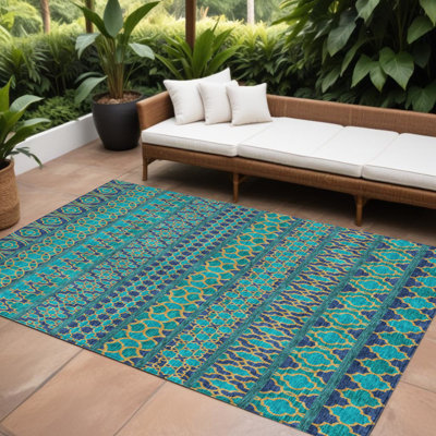 Tapis intérieur / extérieur lavable quadrilobe bleu sarcelle et bleu marine HomeRoots 9 pi x 12 pi