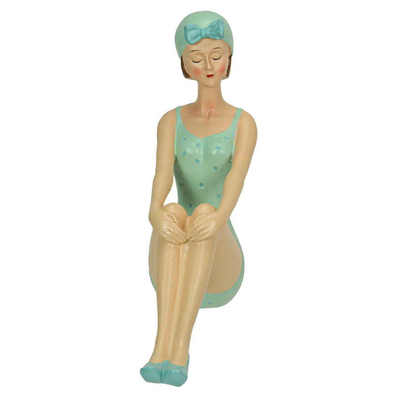 Retro Bathing Beauty Beach Girl Green Polka Dot Swimsuit Resin Figurine Home Decor