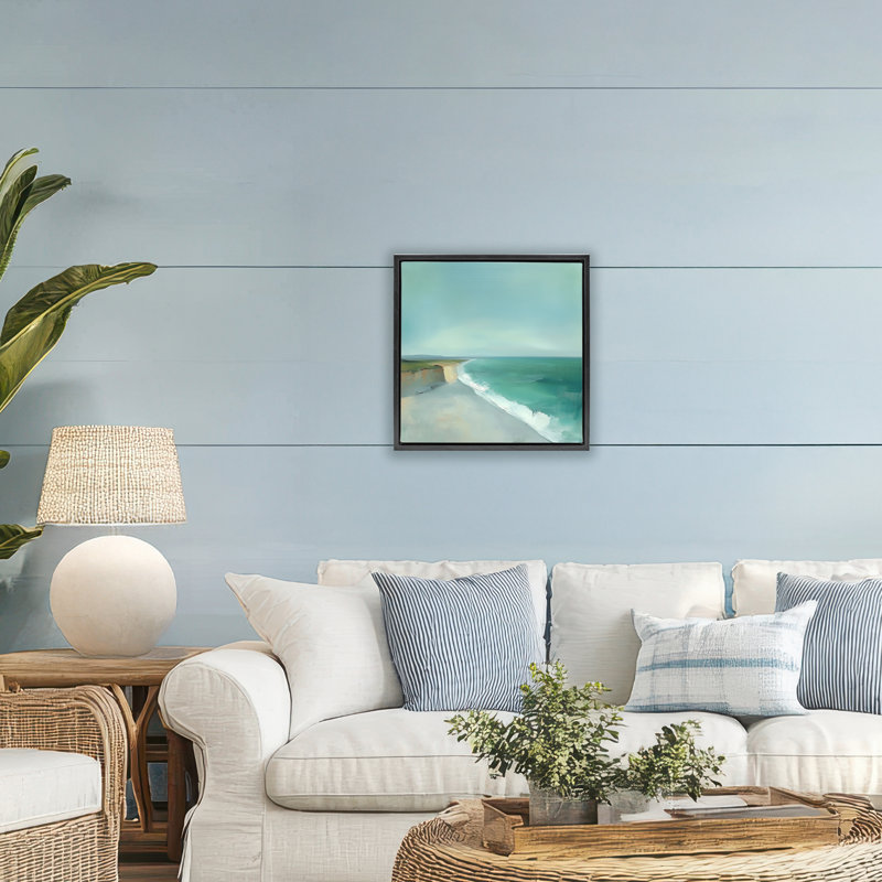 Cadre flottant Turquoise Horizons Coast Landscape, conception par Annabelle Hall, Cadre flottant noir de jais
