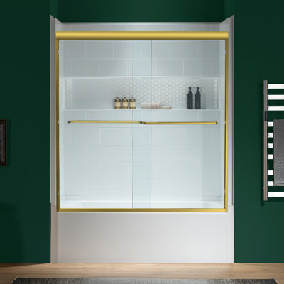 Baignoire de trempage en alcôve 60 po x 32 po WOODBRIDGE et 4 pièces de contour direct avec drain à droite, y compris porte de baignoire double coulissante de 56 à 60 po, verre trempé transparent au fini or brossé
