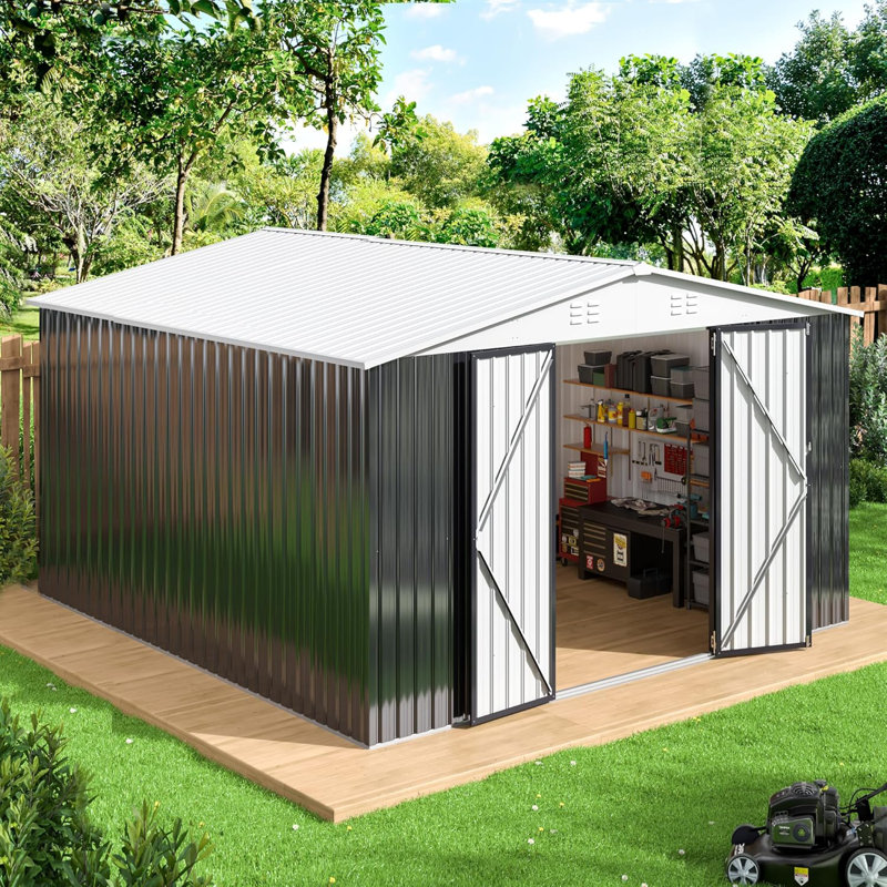 12 ft. W x 10 ft. D Outdoor Metal Shed Storage with Reinforced Steel Frame and Lockable Doors, White