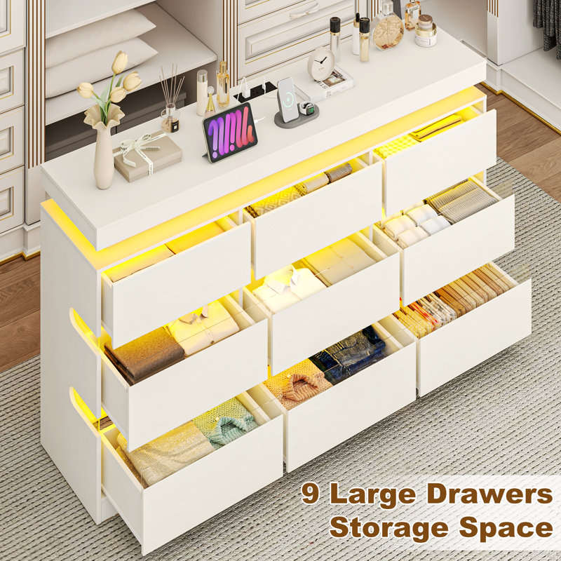 Modern 63 Inch 9-Drawer Dresser With LED Lights & USB Charging Station,  Large Storage Closet Organizer Cabinet For Bedroom, Living Room, Entryway