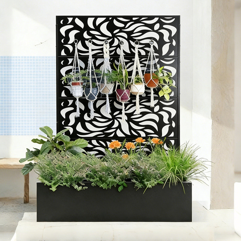 70.87" H × 46.06" W Leaf Pattern Privacy Screen with Planter Box, Black Metal Freestanding Decorative Fence Planter for Patio Balcony Backyard