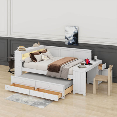 Full Size Daybed With Storage Shelves,Drawers,Trundle,Charging Station,LED Light,Desk And Cabinet