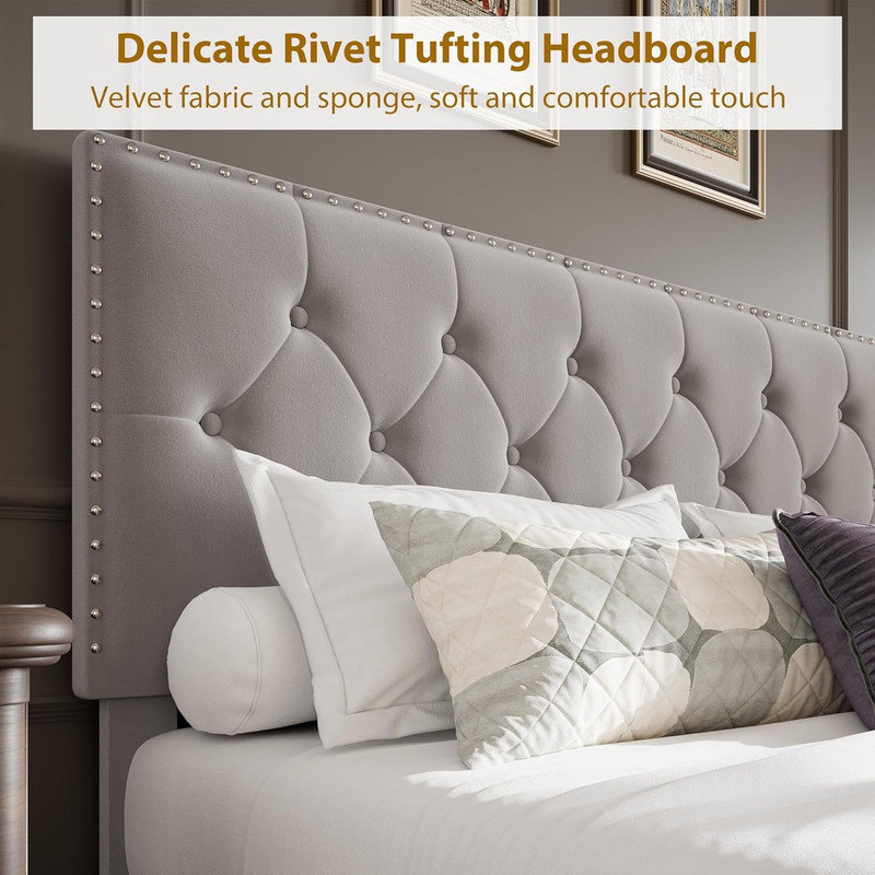 Upholstered Bed Frame with Storage Drawers – Velvet Platform Bed with Tufted Headboard & Rivets – No Box Spring Needed, Beige