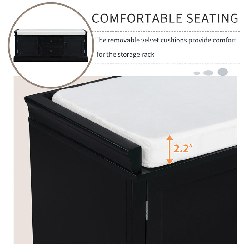 Storage Bench With 2 Drawers And 2 Cabinets, Black