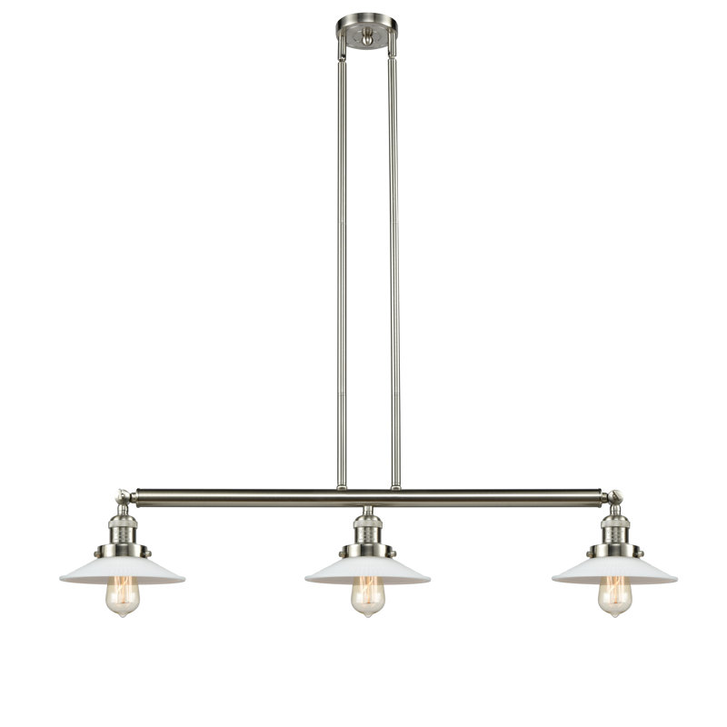 Luminaire suspendu linéaire à 3 lumières pour îlot de cuisine Miramontes, Matte White Halophane, Nickel satiné brossé
