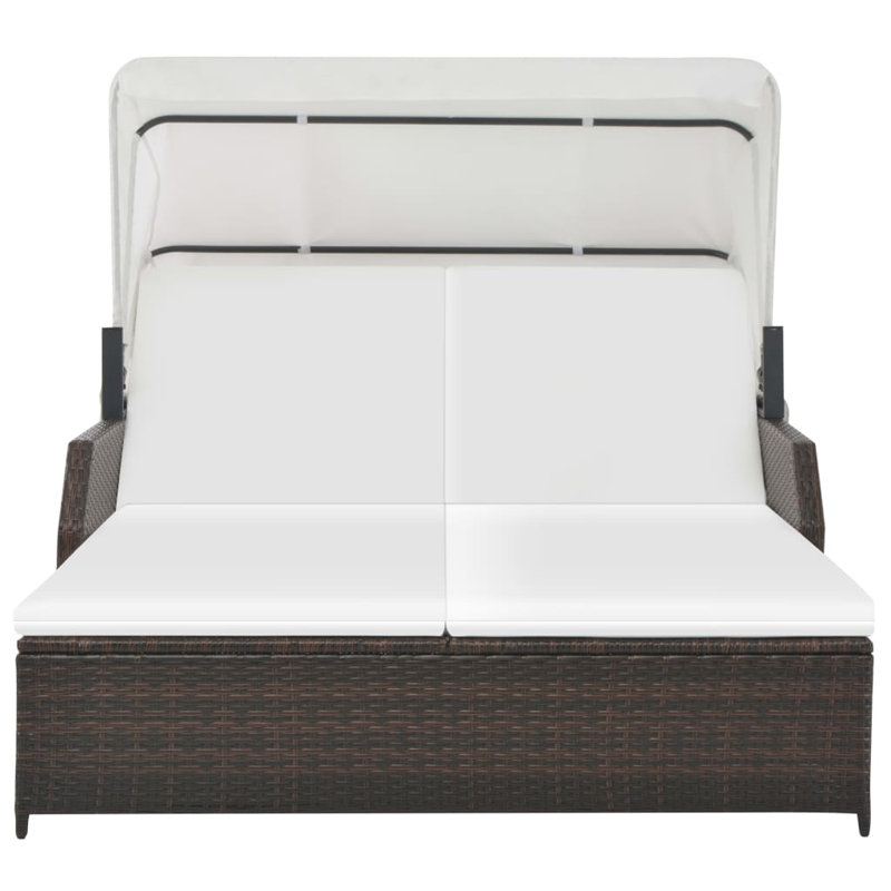 Double Sun Lounger Patio 2-Person Sun Lounger with Canopy Poly Rattan, Brown