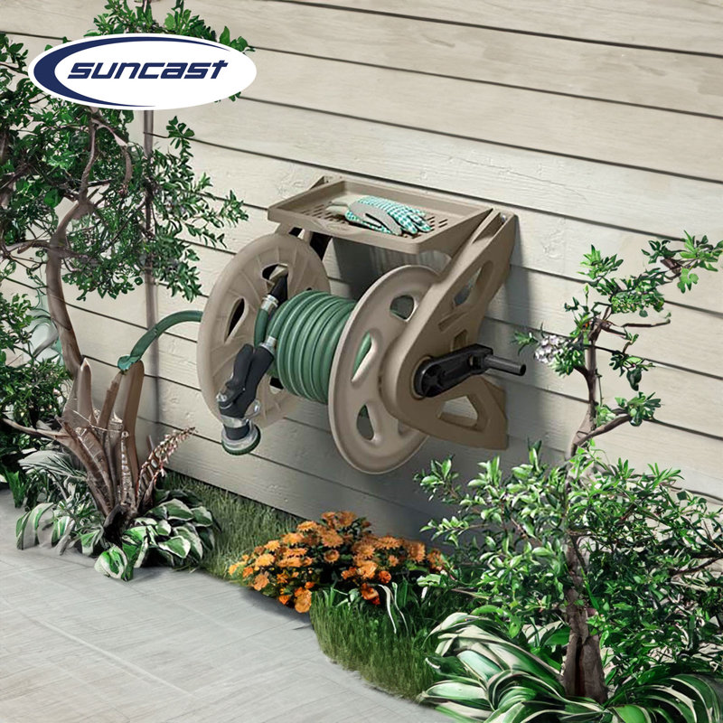 Suncast Taupe Resin Wall Mounted Hose Reel with Tray