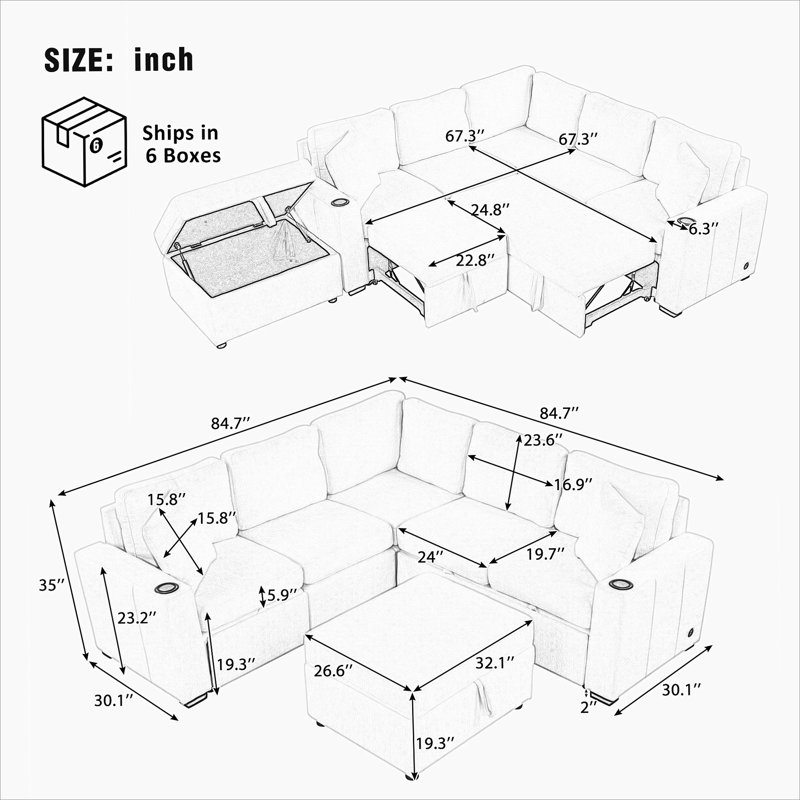 Canapé-lit modulaire convertible en L 84,7 po