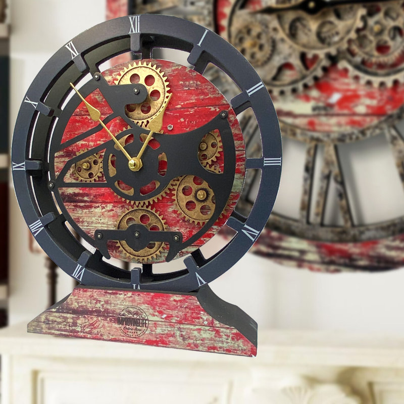 Mantel Clock 16" Round for Living Room decor with Real Moving Gears transformable into a Wall Clock (detachable base) Canada Collection