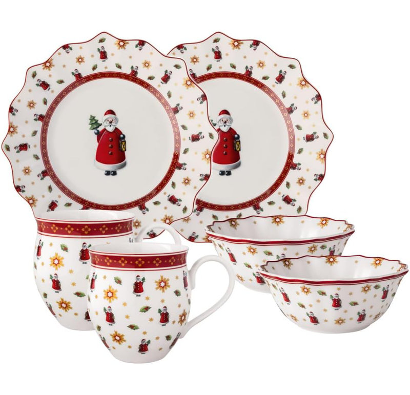 Villeroy & Boch Toy's Delight Christmas Collection Breakfast Set for 2, Santa, Premium Porcelain, 6-piece Set, Plates, Bowls, Mugs