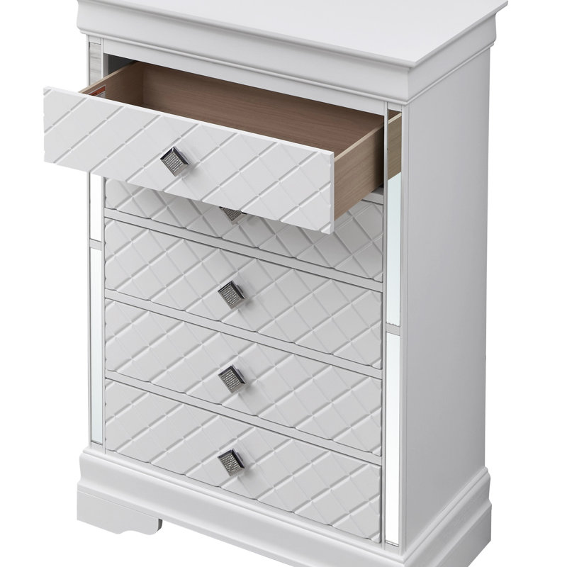 Verona G6790-CH Traditional Wooden Dresser with Silver Champagne Embossed Design and Chrome Pulls for Elegant Bedroom Storage