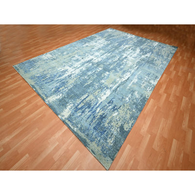 Tapis oriental bleu, en laine et en soie véritable noué à la main de conception abstraite 10 pi 1 po x 14 pi 2 po