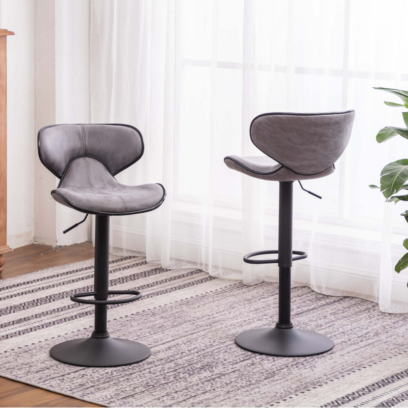 Upholstery Airlift Adjustable Swivel Barstool With Base, Set Of 2, Light Gray