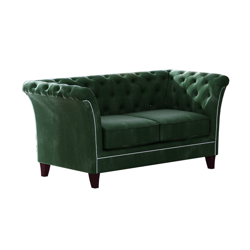 Chesterfield  Sofa 2 Seater Made of Velvet Fabric with Solid Wood Legs, Bottle Green