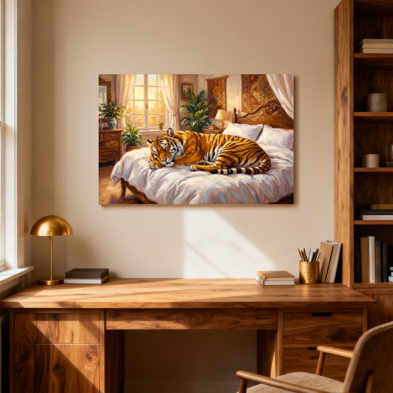 Animals Tiger Resting On Bed In Sunlit Room, 16" H x 24" W
