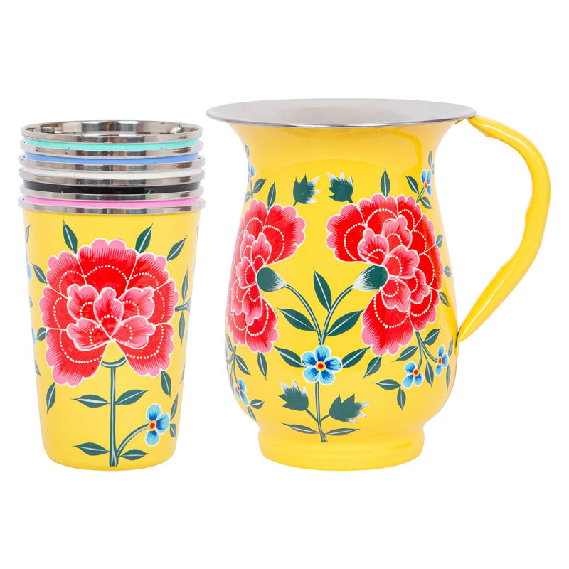 East Urban Home Hand-Painted Picnic Water Jug with 400ml Multicolour Cups - 1.7L - Raspberry Peony, Yellow