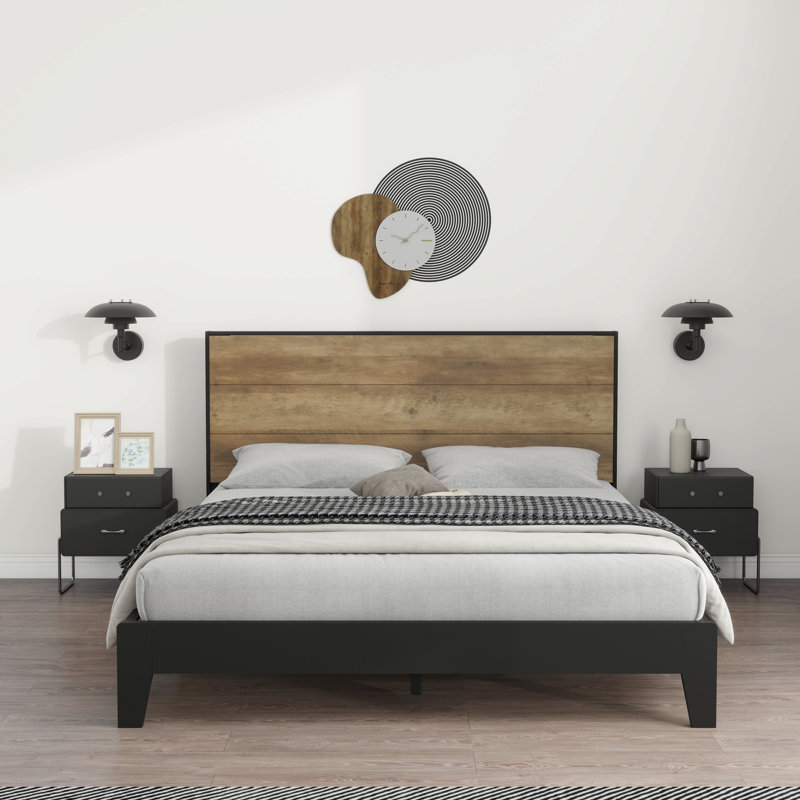 Allyannah Levison Platform Bed With Headboard, Queen, Black/Knotty Oak